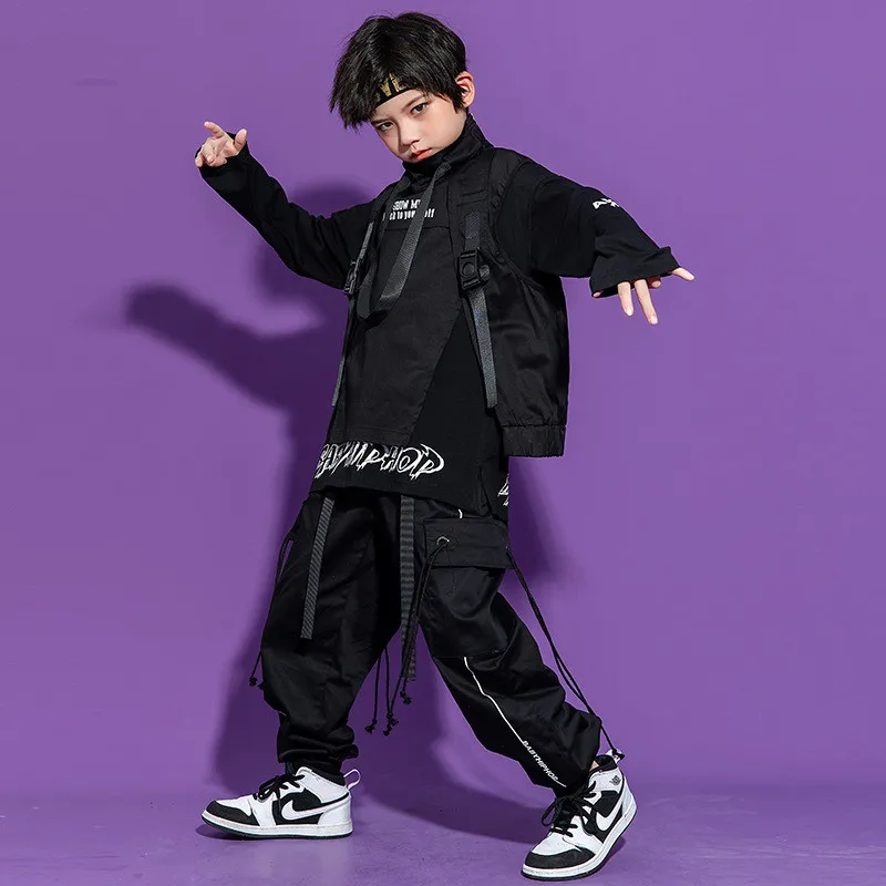 Teen Boy Hip Hop Clothes High Collar Vest Cargo Pants Sweatshirt Outfits Child Street Dancing Costume Kids Waistcoat Streetwear