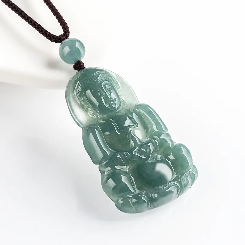 Genuine Natural Emerald Blue Water Small Guanyin Bodhisattva Pendant Ice Jadeite Ornament for Men and Women