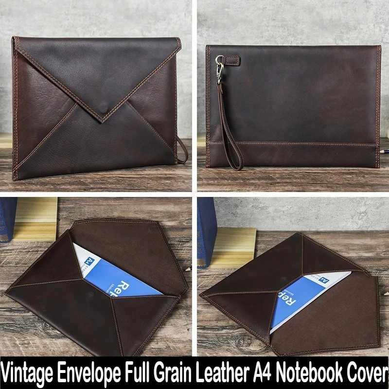 Vintage Style Full Grain Leather A4 Notebook Cover Envelope Form Magnetic Office Handheld Wrap Stationery School Supplies