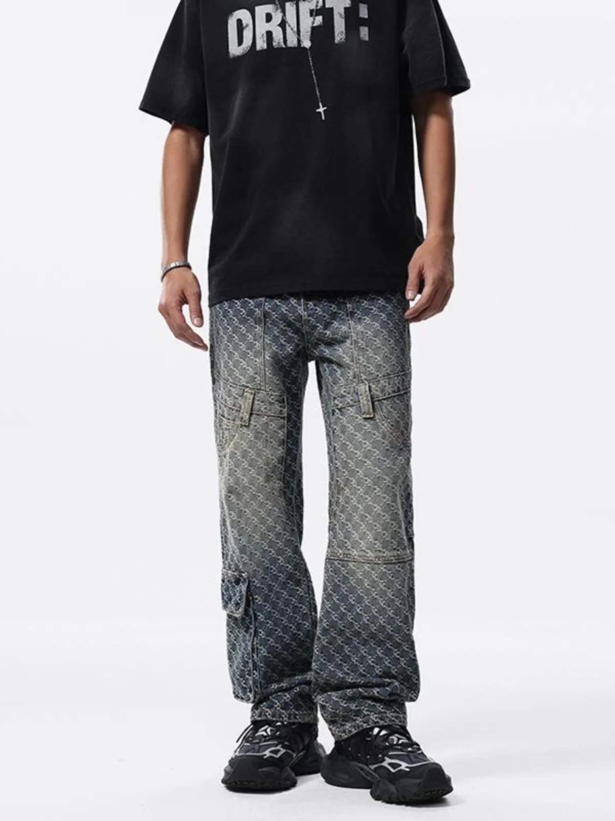 

American High Street Design Punk Workwear Large ket Jeans Men Loose Straight Vintage Long Trousers Trendy Brand