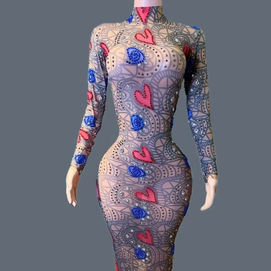 

Trendy Sexy Printing Bodycon Evening Dress for Women Nightclub Birthday Celebrate Party Sparkly Rhinestone Long Dresses Qingren
