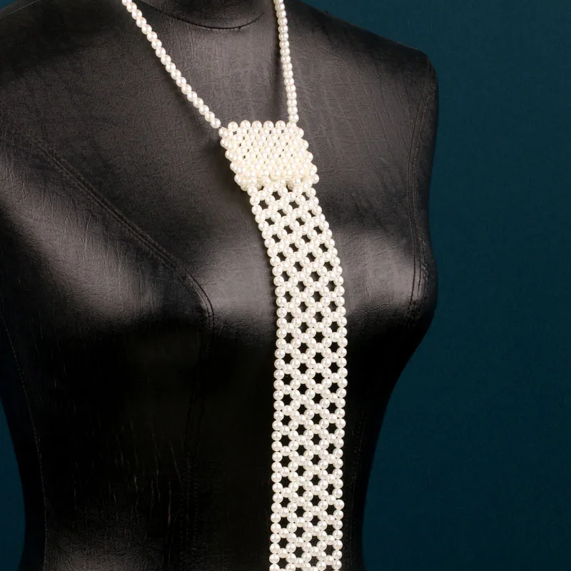 New Faux Pearl Tie, Hollow Woven Beaded Neckwear, Unisex Necklace, Perfect Accessory for Banquets, Parties and Festivals