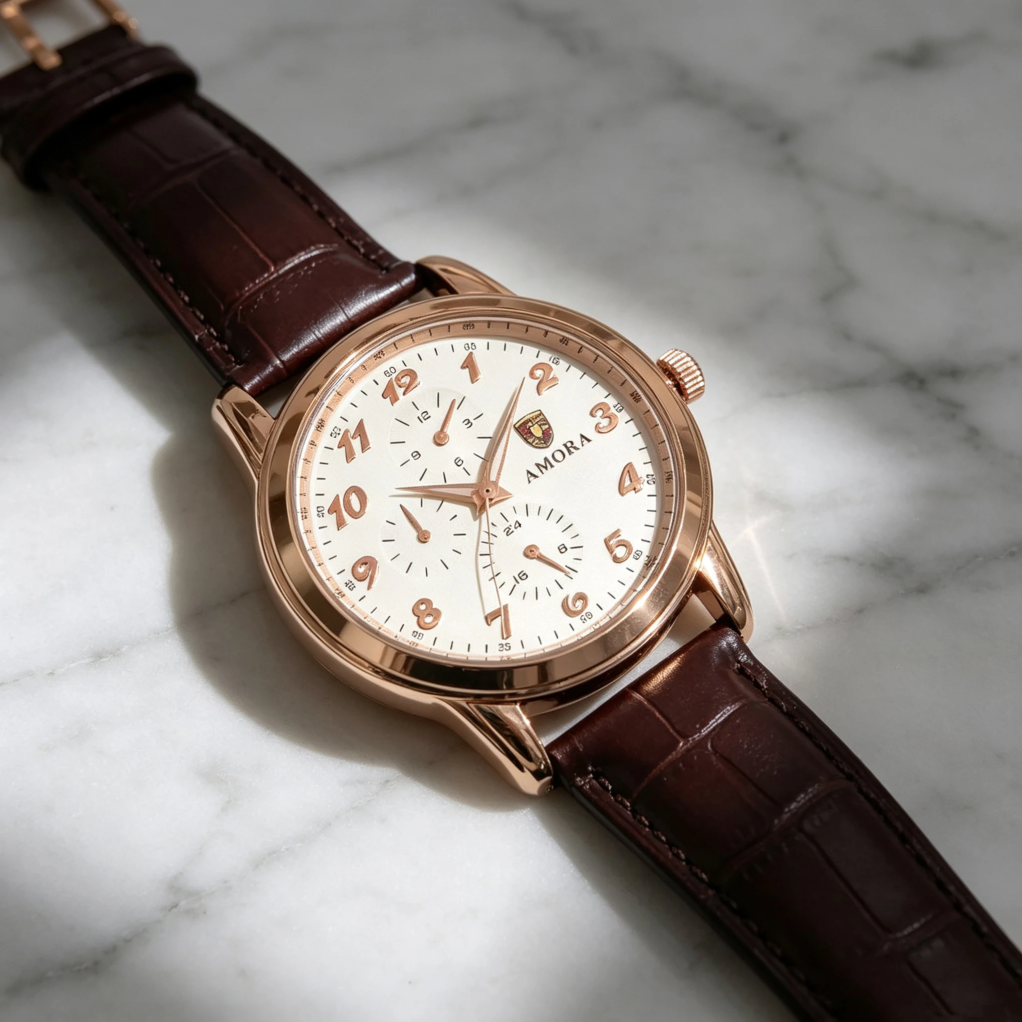 New round brown leather watch with luminous quartz and water-resistant function. Suitable for men's fashionable and versatile ti