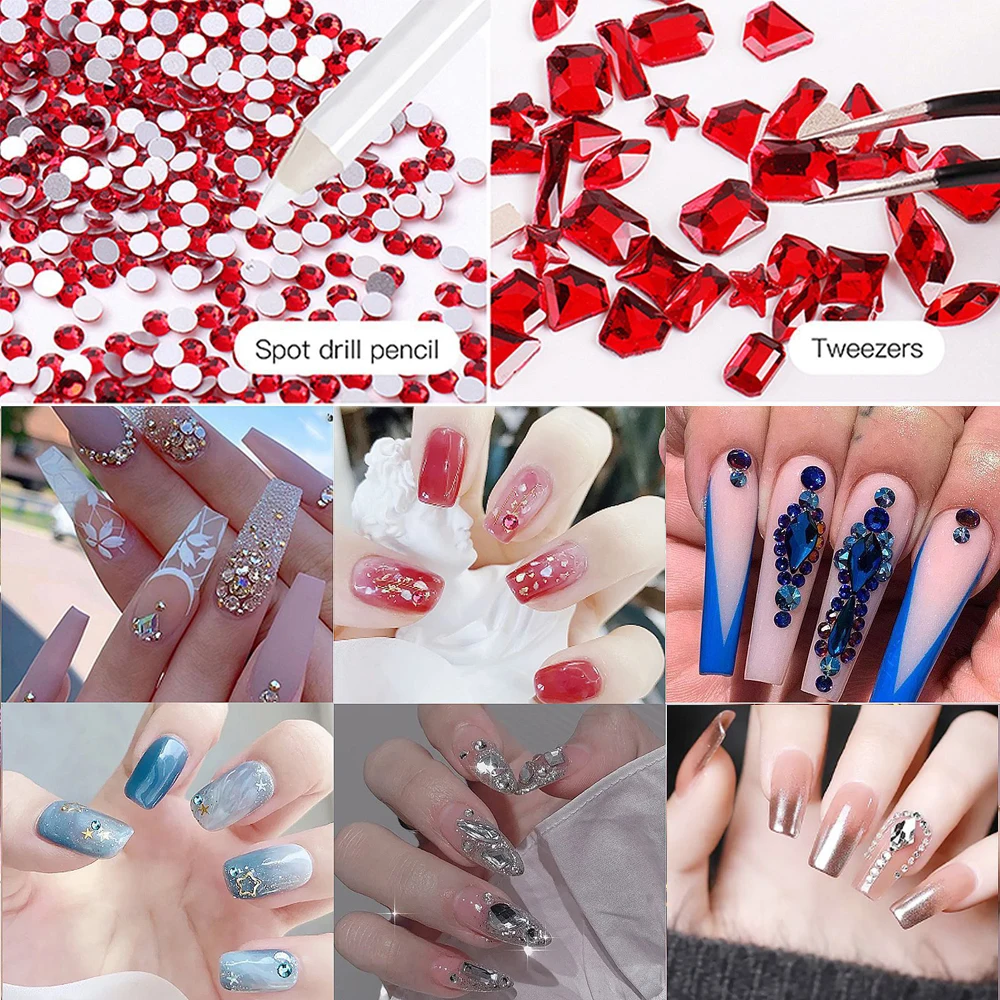 12 شبكة (1500 قطعة) أحمر/أخضر أظافر ثلاثية الأبعاد أحجار الراين مسطحة مستديرة كريستال جوهرة + 1 تلوين + ملاقط الكوع مهرجان مانيكير زينة