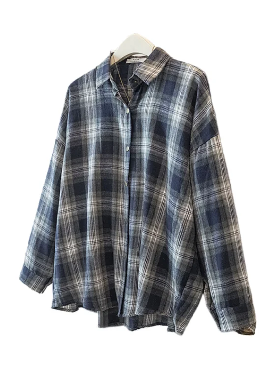 Retro Hong Kong Style Plaid Long Sleeve Shirt Jacket Women's Spring Autumn plus Size Loose Design Sense Top Belly Concealing