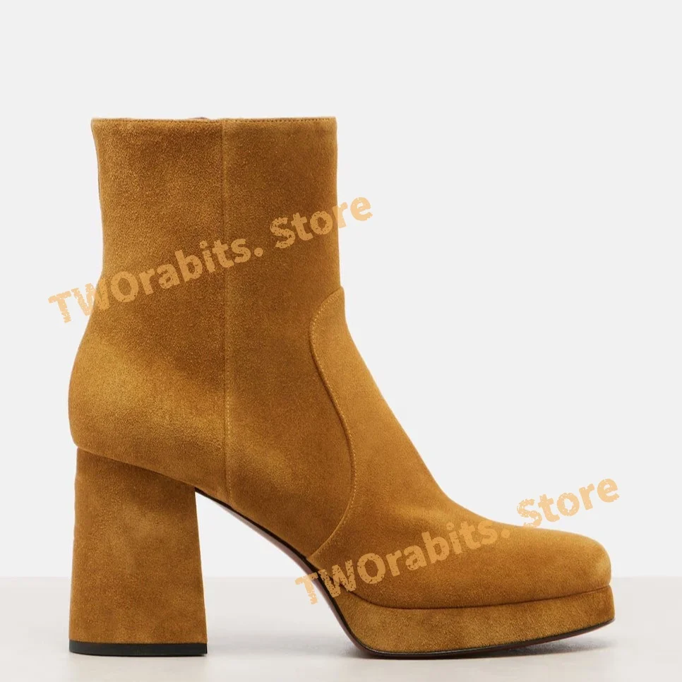 

Platform Ankle Shoes Strech Botas Mujer Round Toe Thick Heel Suede Bottes Femmes Cozy Bottes Hautes Designer Bottines New In