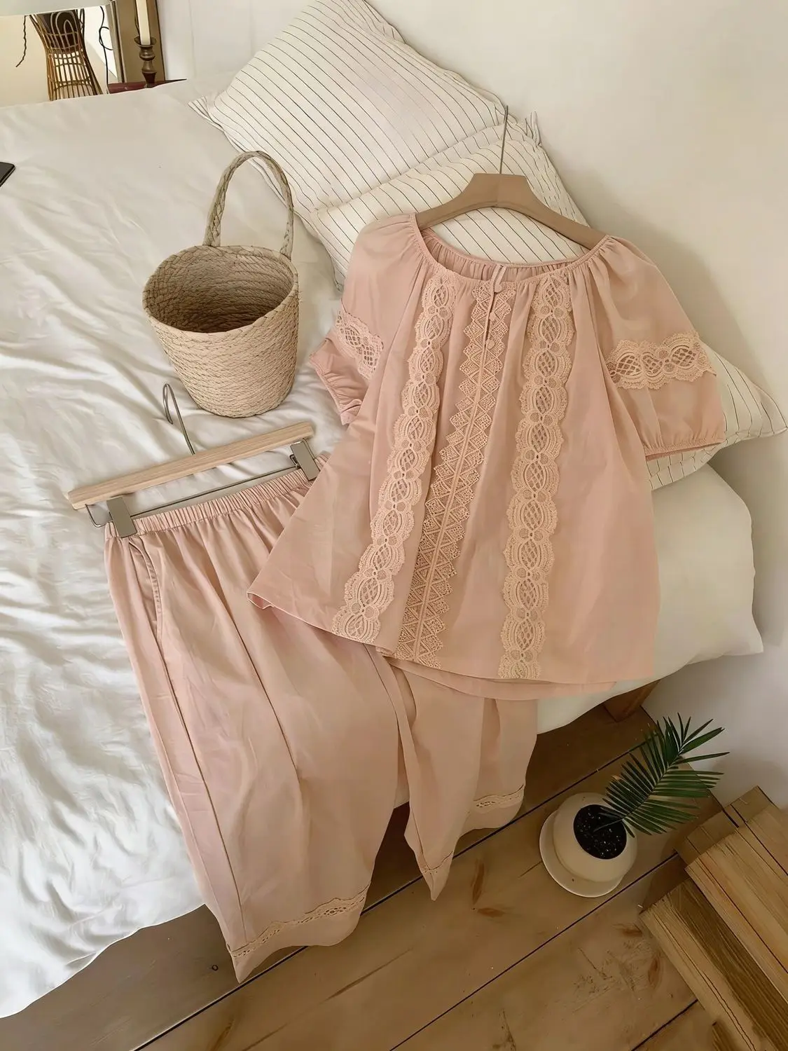 

Women Summer New Pajama Set Gauze Floral Short Sleeve Pants Two Piece Thin Sweet Home Clothes Sleepwear