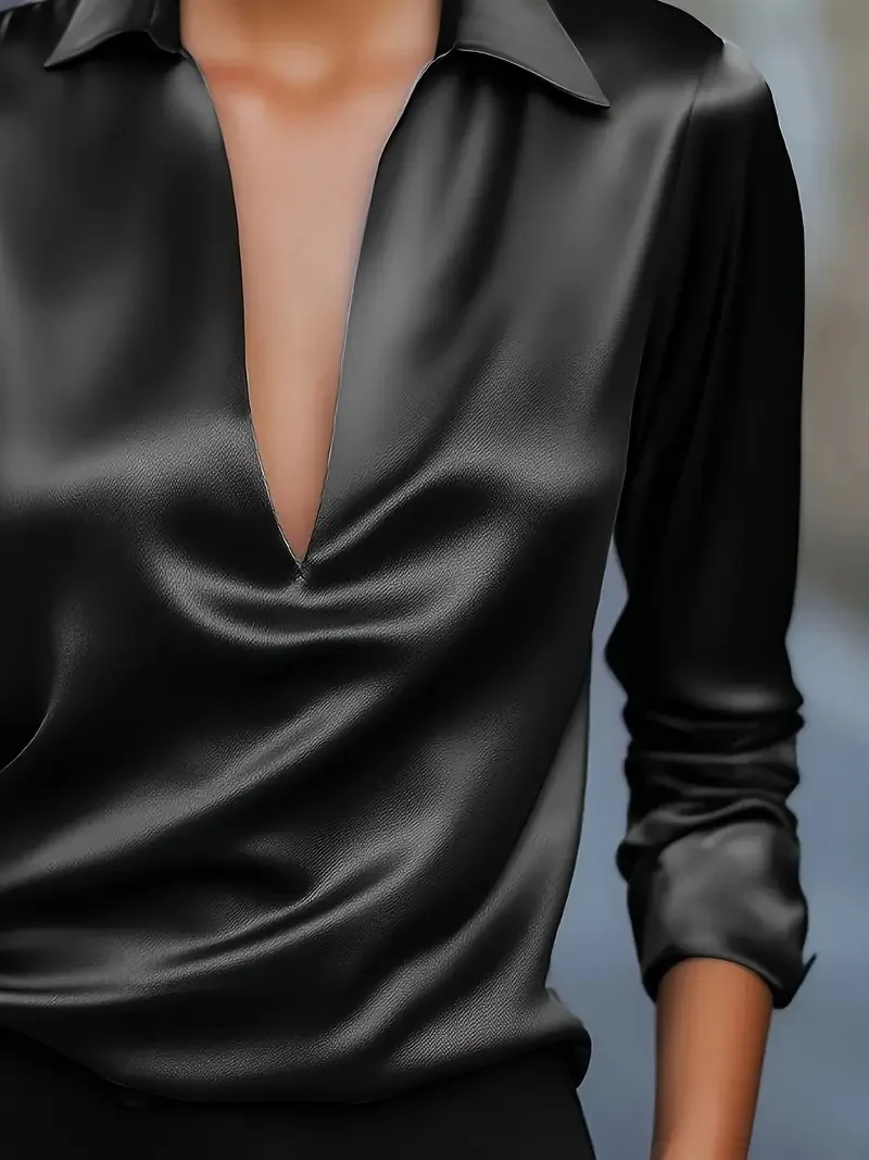 Damesblouse met V-hals voor herfst 2025, elegant effen overhemd met lange mouwen, minimalistische tops voor kantoorkleding