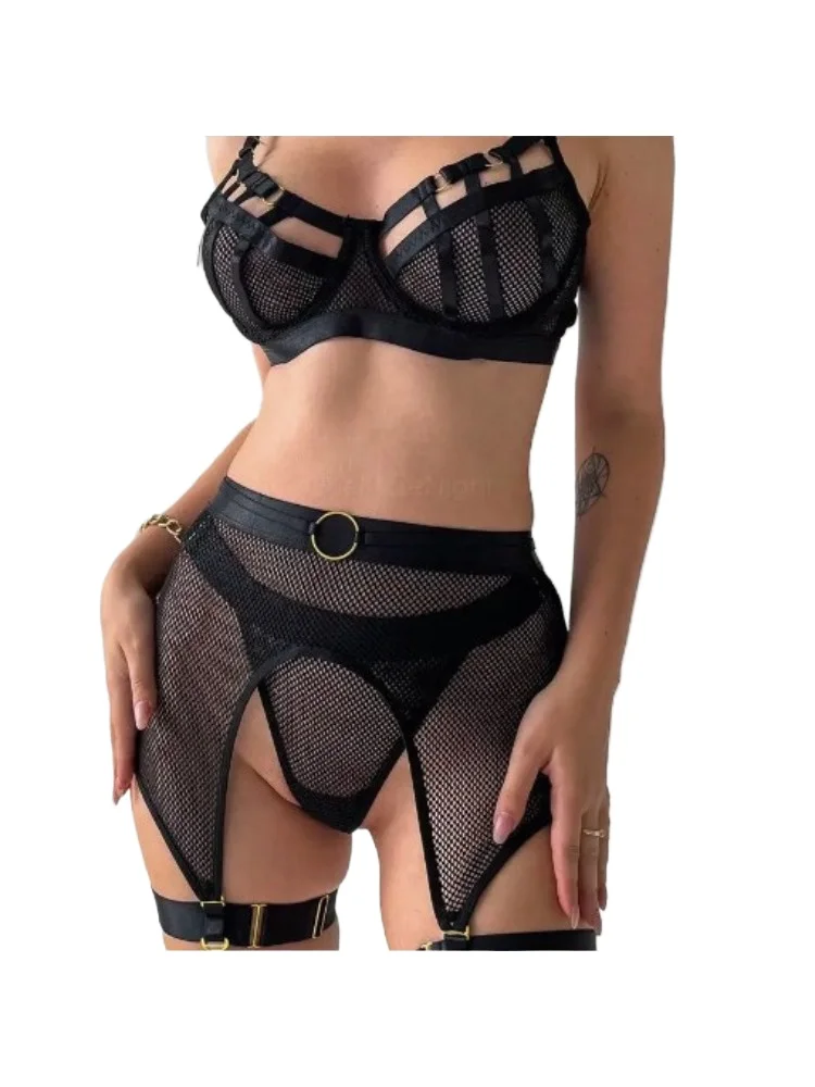 

Hot Sale Hollow Out Lingerie Set Women 4PCS Sexy Heavy Craft Metal Buckle