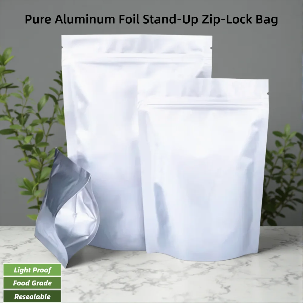 100pcs Resealable Silver White Stand-Up Pure Aluminum Foil Zip Lock Bags,Lightproof Food Packaging Pouches for Chocolate / Steak