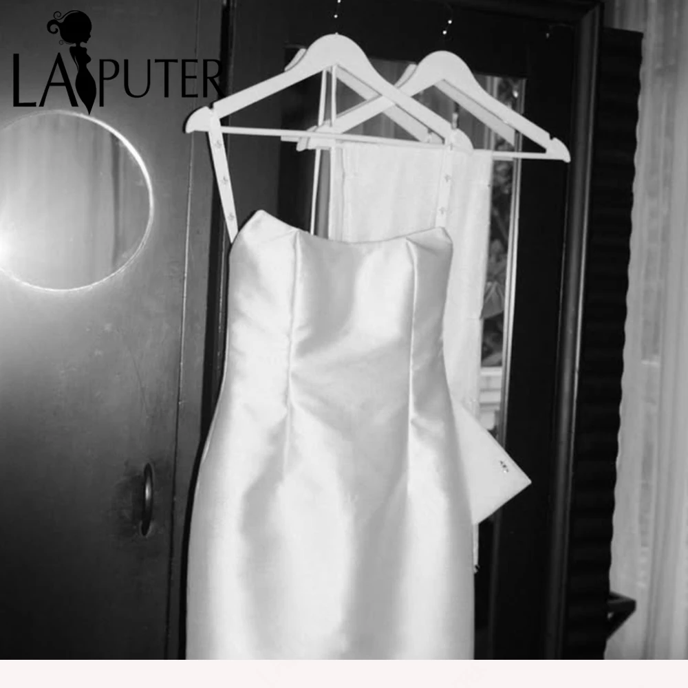 Ivory Column Wedding Dresses Bride Tea Length Wedding Gown Off Shoulder Mikado Bridal Wedding Dresses
