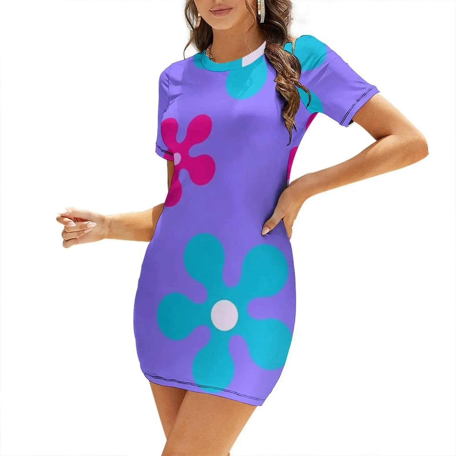 60s Retro Sixties Vintage Hippie Groovy Flowers Lavender Purple Short-Sleeved Dress Women's clothing