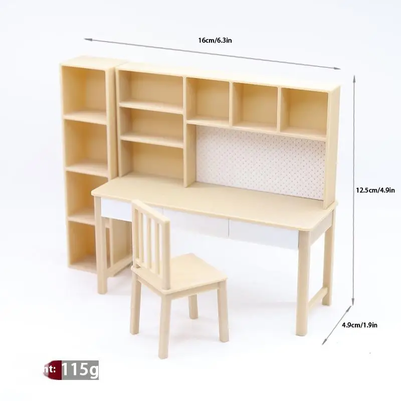 1 conjunto de casa de bonecas em escala 1/12, mesa combinada em miniatura, sala de estudo, modelo de estante para decoração de casa de boneca, brinquedo para crianças, presente