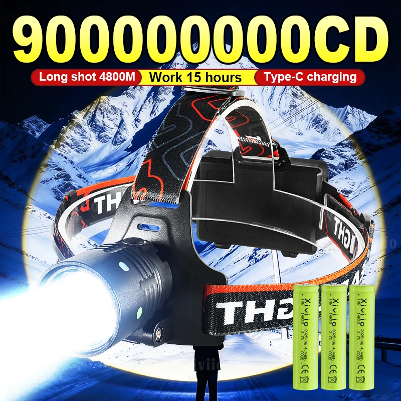 900000000CD Ultra Bright LED Headlamp 3*18650 Battery High Power Rechargeable Head Flashlight 4800M Fishing Hunting Head Lantern