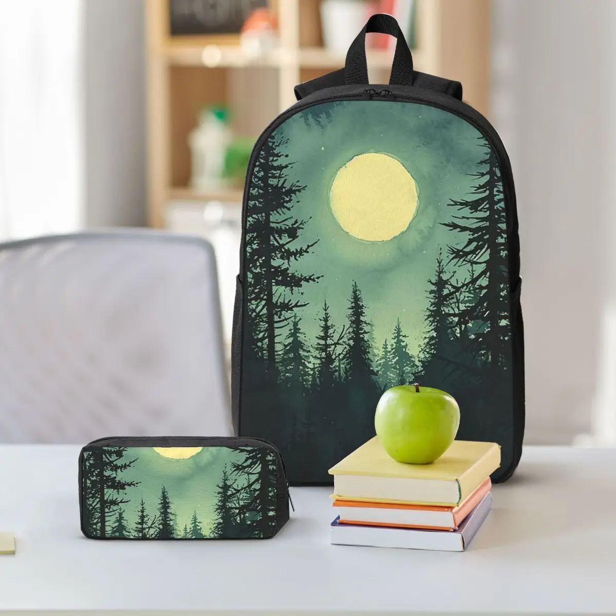 Nighttime Pine Forest Backpack Student BookBag School Bag Shoulder Bags 3ps Insulated Lunch Bag Pencil Case