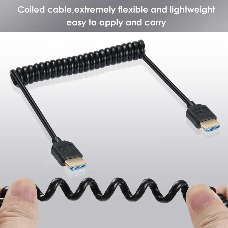 90 Degree Angle OD 4.0mm HDMI-Compatible Male to Male HD Spring Coiled Cable 8k@60hz HDTV-2.1 for TV Computer Camera