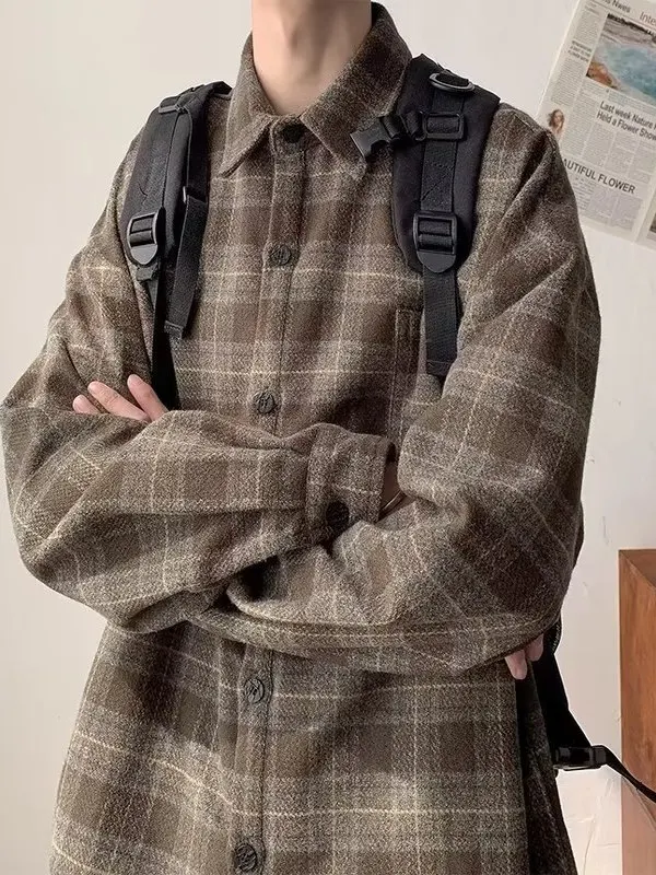 Retro Brushed Plaid Long Sleeve Shirt Men's Casual Loose plus Size Fleece Lined Coat Warm Non-fade Easy Care Chinese Brand