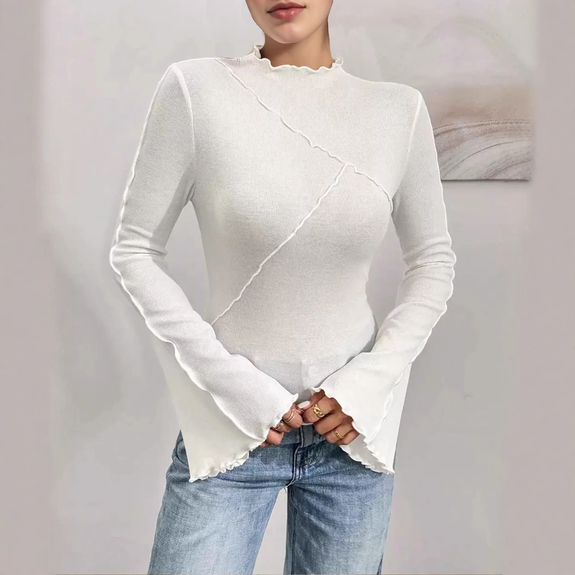 

Faionable Slim Fit Long Sve irt Wave Collar Bell Sve Design Base Layer Top Women's Polyester Fiber European Sle