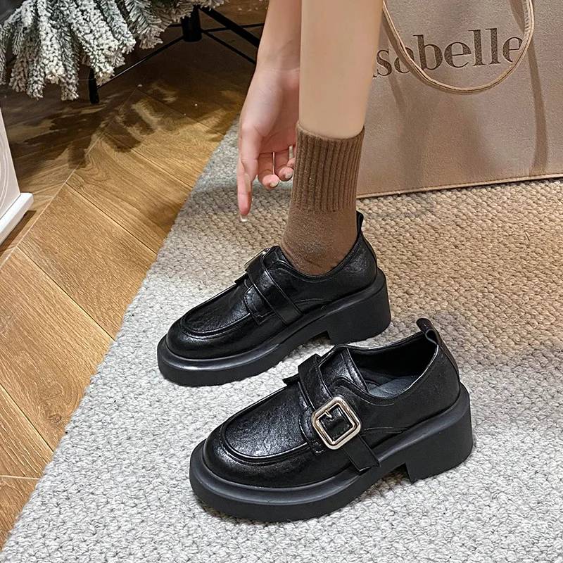 Mocasines para mujer, zapatos Oxford sin cordones con punta redonda, calzado femenino, zapatillas informales de estilo británico, vestido sin cordones de cuero con tacones