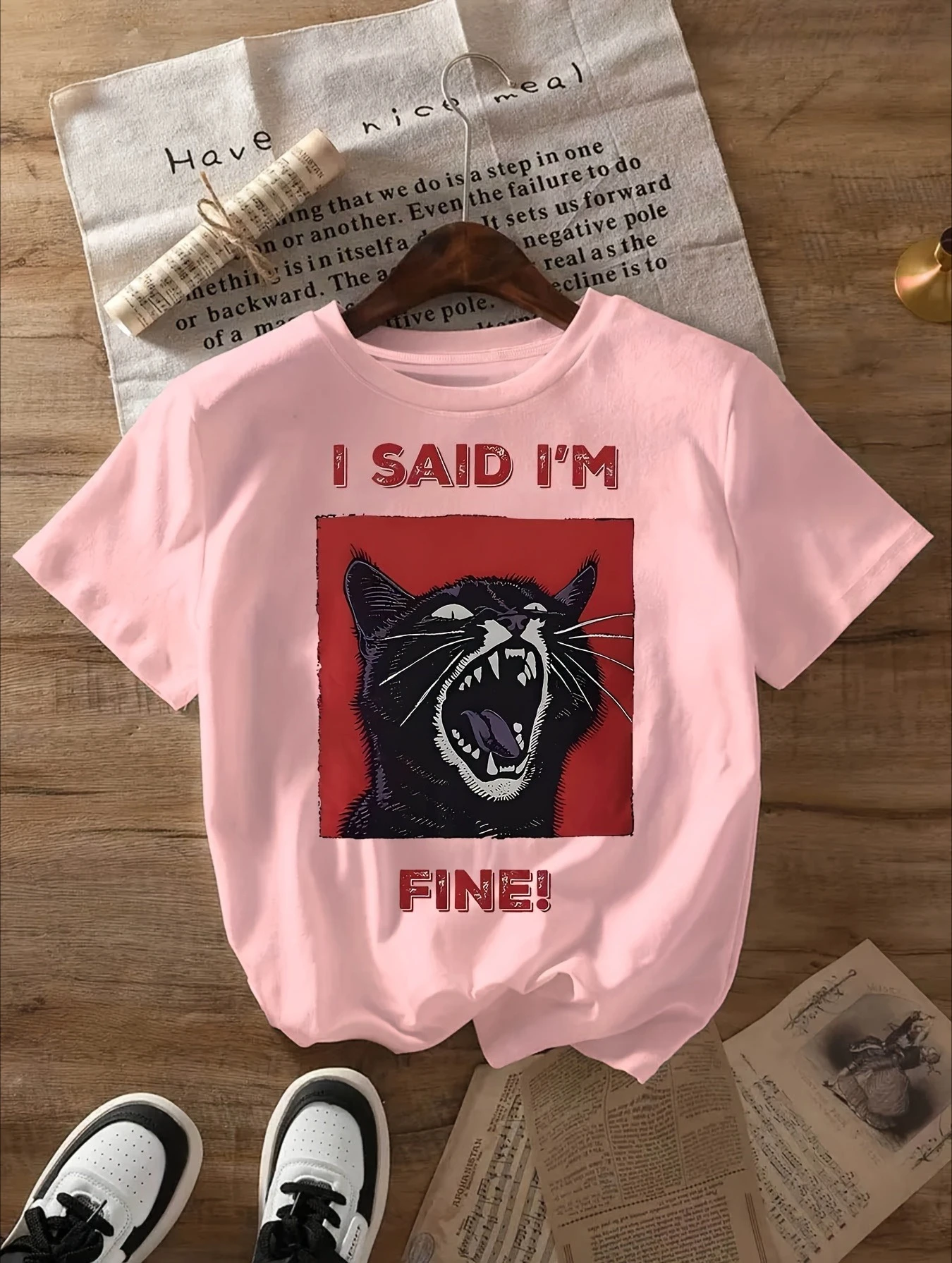 

Женская повседневная футболка с мягким рисунком «I SAID I'M FINE», футболка с круглым вырезом, повседневная одежда обычного кроя, женская одежда с дизайном черного кота