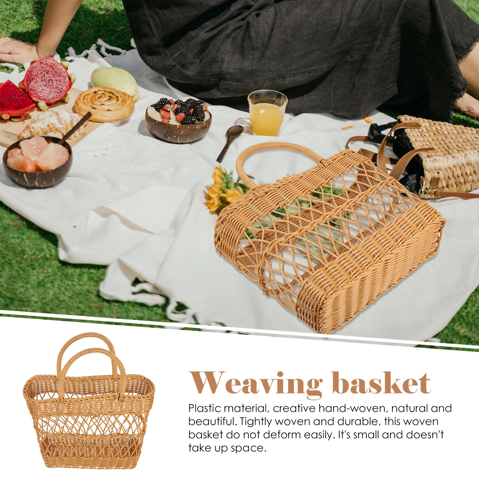 

Portable Woven Handmade Plastic Faux Rattan Basket Durable Fruit Storage Picnic Camping Kitchen Basket Plastic Shower