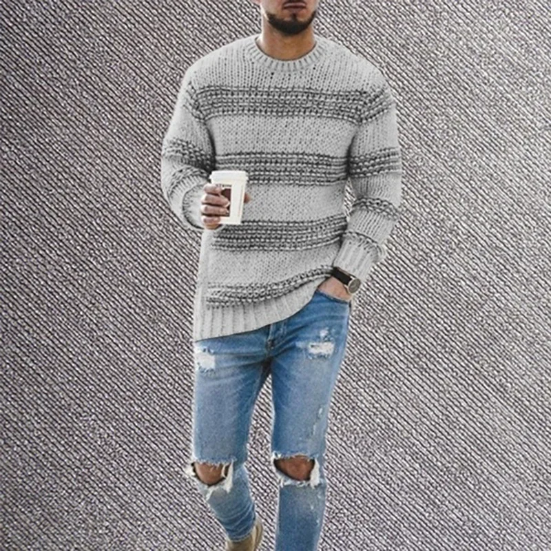 Autumn and Winter Fashion Men Simple Striped Round-neck Sweater Casual Knitted Pullover Sweaters