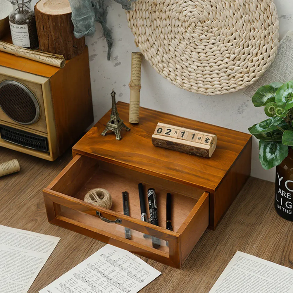 1Pcs Computer Rack Vintage Style Wooden Acrylic Desktop Storage Case Organizer Elevating Stand Office Monitor Shelf Storage Box