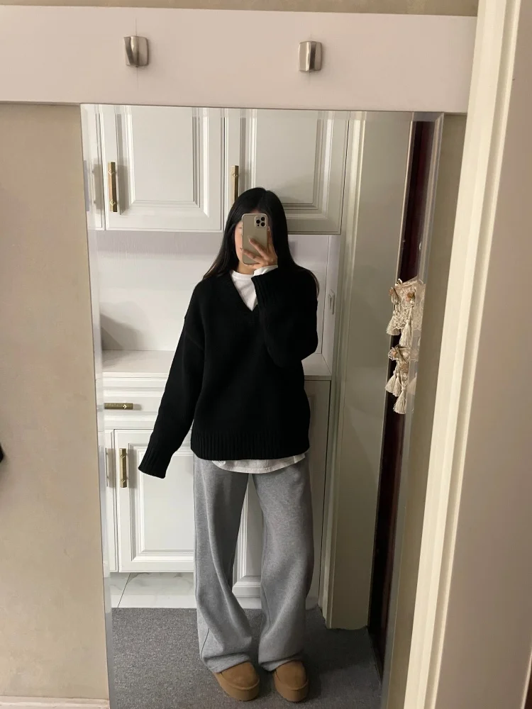 Bla V-Ne محبوك سترة المرأة الخريف الشتاء Thiened فضفاضة تناسب كسول خمر فضفاض الشعور الدافئة تريكو