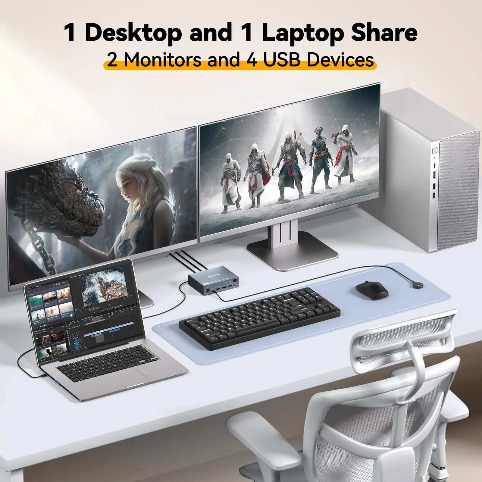 USB 3.0 KVM Switch 2 Monitors 1 Desktop 1 Laptop,USB C KVM Switch Docking Station,DP/HD KVM Switch 4K@60Hz Share 4 USB3.0 Port