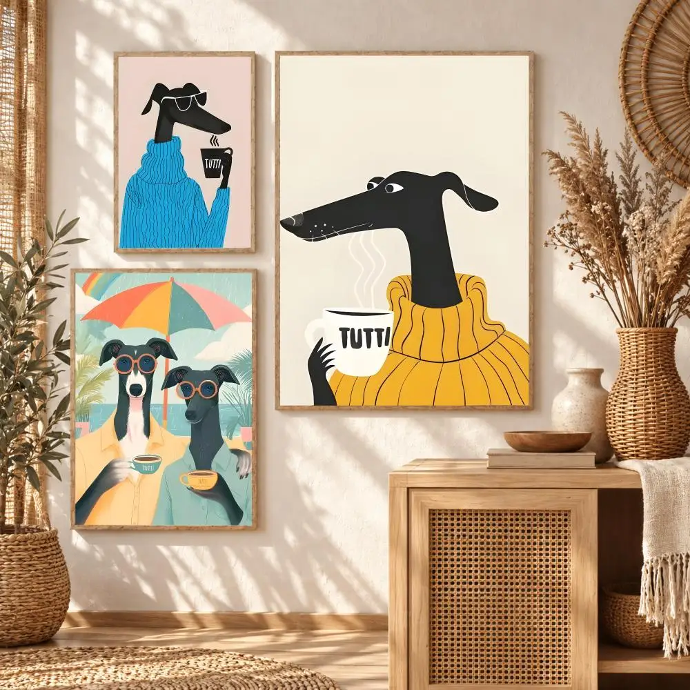 Hound Wearing a Sweater and Drinking Coffee Poster Self Adhesive Wall Art Decor Stickers for Bedroom Living Room Office Home