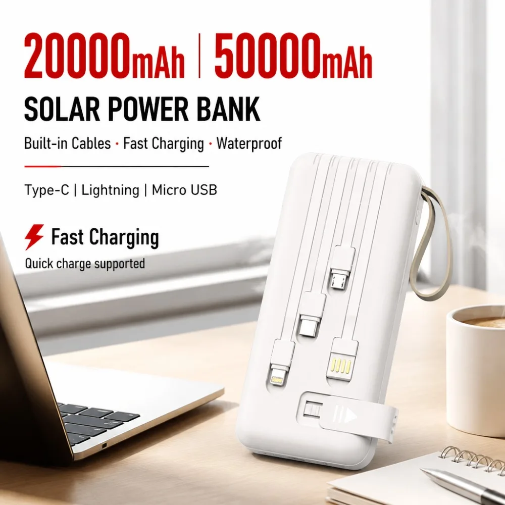 20000mAh 50000mAh Solar Power Bank with Built-in Cables, Fast Charging Waterproof Portable Battery for Camping PowerBank