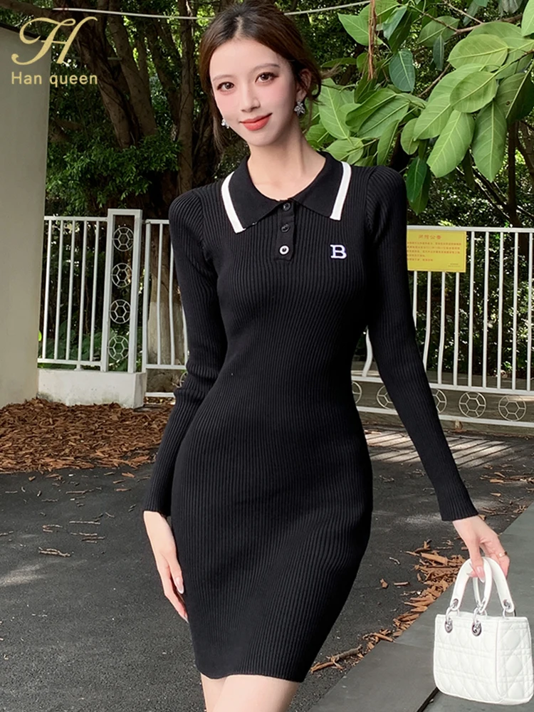 H Han Queen Women Dress Sexy Package Hips Elastic Bodycon Dresses Autumn Winter Fashion Lady Knitted Party Vestidos Sundress