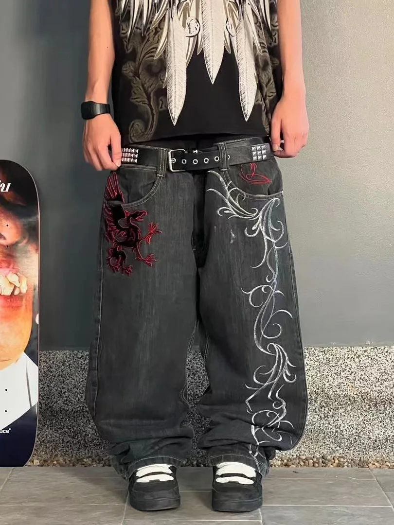 Y2K Jeans Nieuwe Harajuku Hip Hop Retro Schedel Grafische Geborduurde Baggy Jeans Denim Broek Mannen Vrouwen Goth Hoge Taille Brede Broek