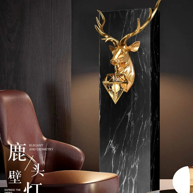 #Lucky deer head wall lamp creative geometric living room background wall bedroom stairs entrance hotel clubhouse engineering la