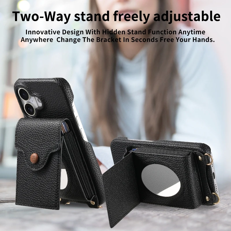 Vertical Flip Card Wallet Case For iPhone 16 15 Pro Max 14 Plus 13 Mini 12 11 SE XR Xs Max 6 7 8 With Mirror and Shoulder Strap