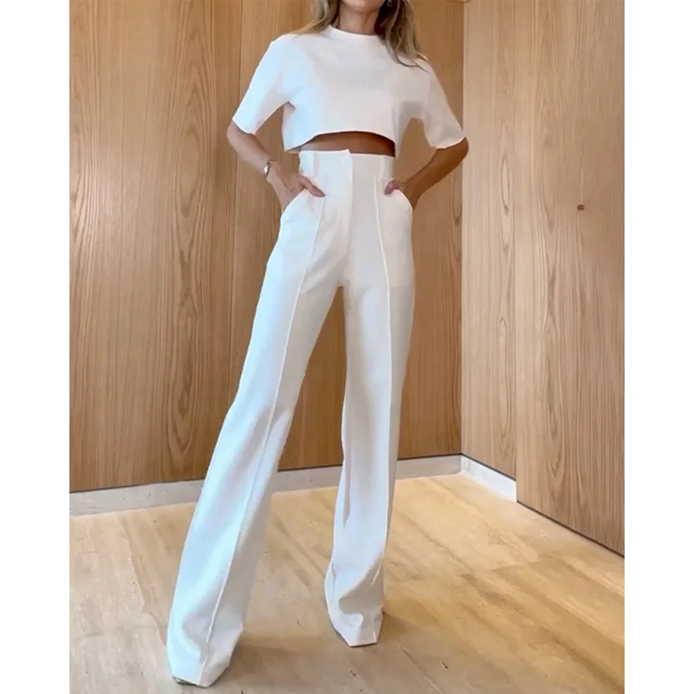 Casual O-Neck Half Sleeve Crop Top and High Waist Wide Leg Pants Suit Set for Women Summer Outwear 2 Piece Sets