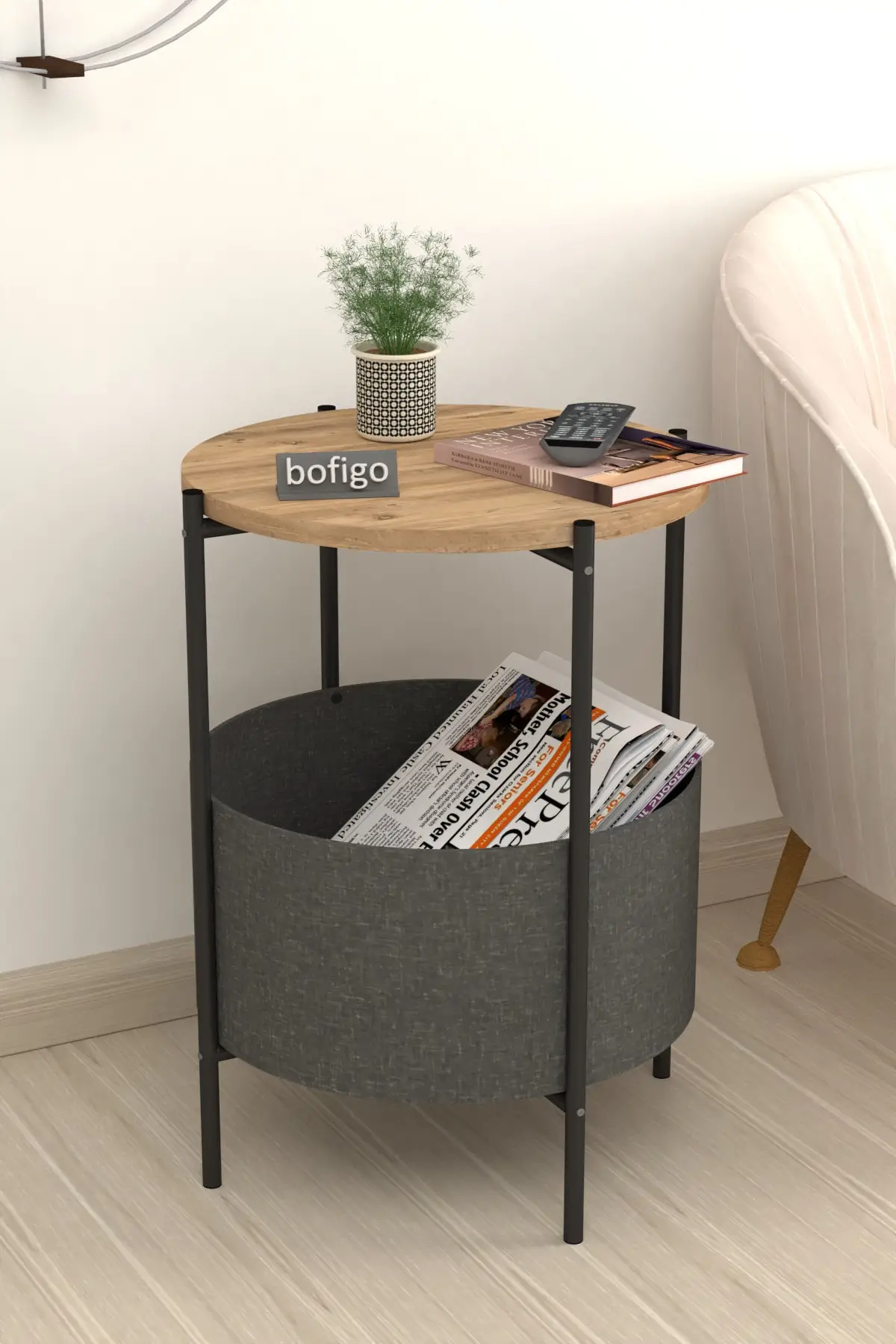 Center Table with Bag Large Newspaper Bookcase Flower Pot Pine Bamboo Shelf Magazine Holder Round