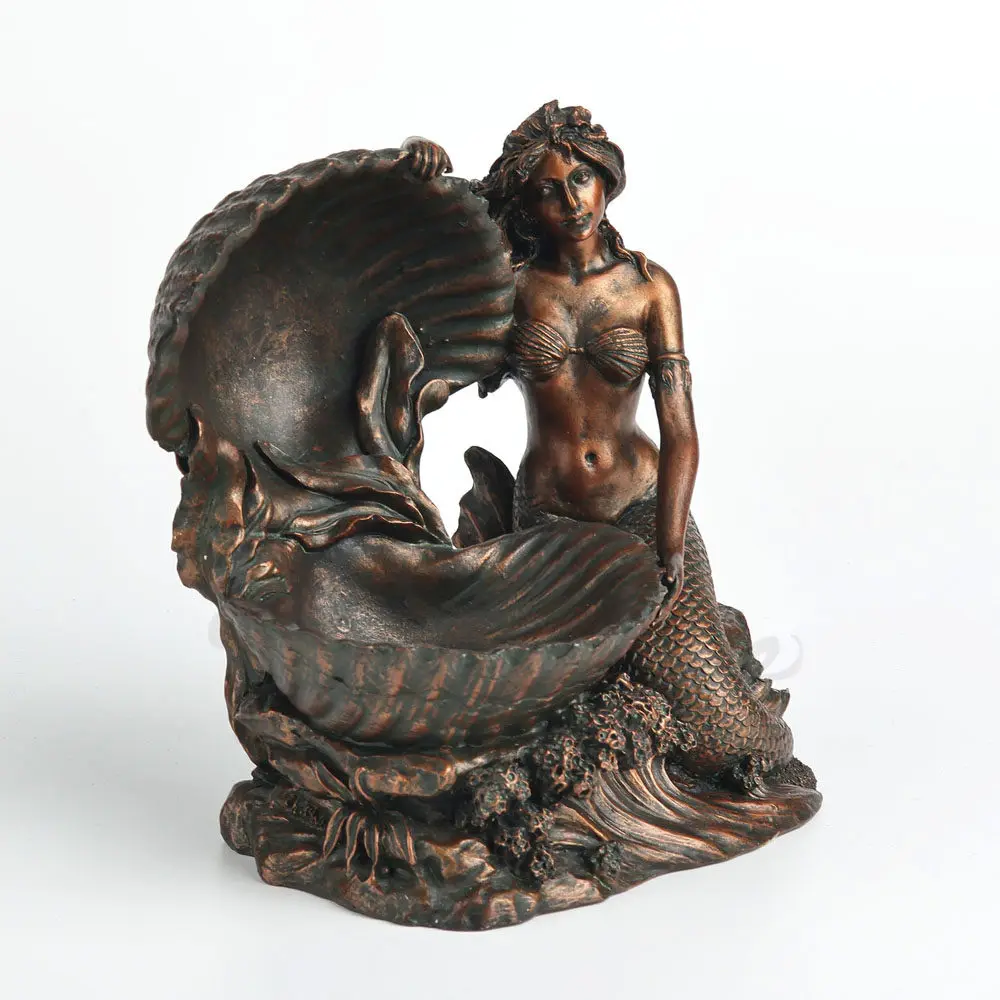 Bronze Finish Mermaid With Conch Shell Figurine Resin Statue Ocean Sea Mermaid Sculpture Tabletop Decor Storage Tray Ornament