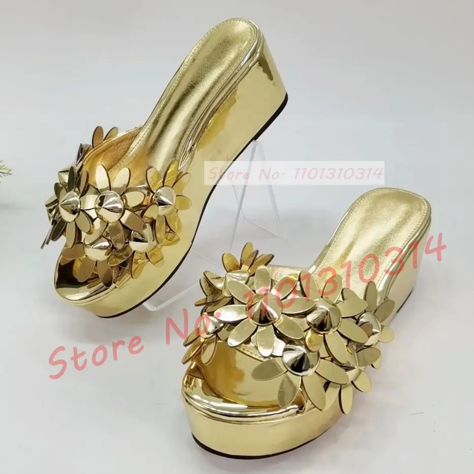 

Metallic Flowers Platform Slippers Women Gorgeous Height Increasing Holiday Shoes Female Party Open Toe Summer Patent Slides