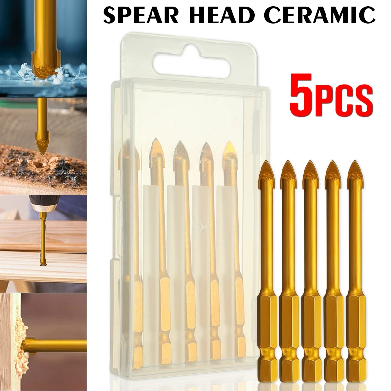 5pcs Titanium Drill Bit Tungsten Carbide Tile Glass Cross Spear Point head