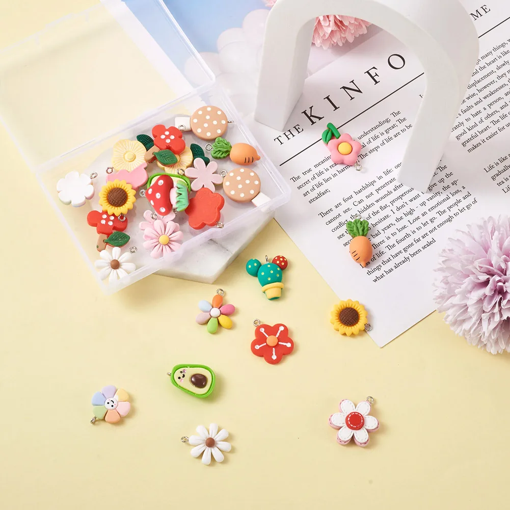 32Pcs 16 Styles Resin Pendants with Platinum Iron Finding Flower Cactus Sunflower Mushroom Carrot
