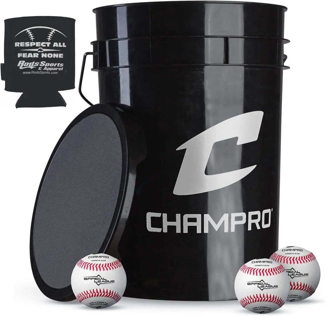 CBB-200D Full Grain Leather Cover Baseballs with Cosmetic Blem in a Black Bucket – 30 Balls and one Rods Can Sleeve Incl