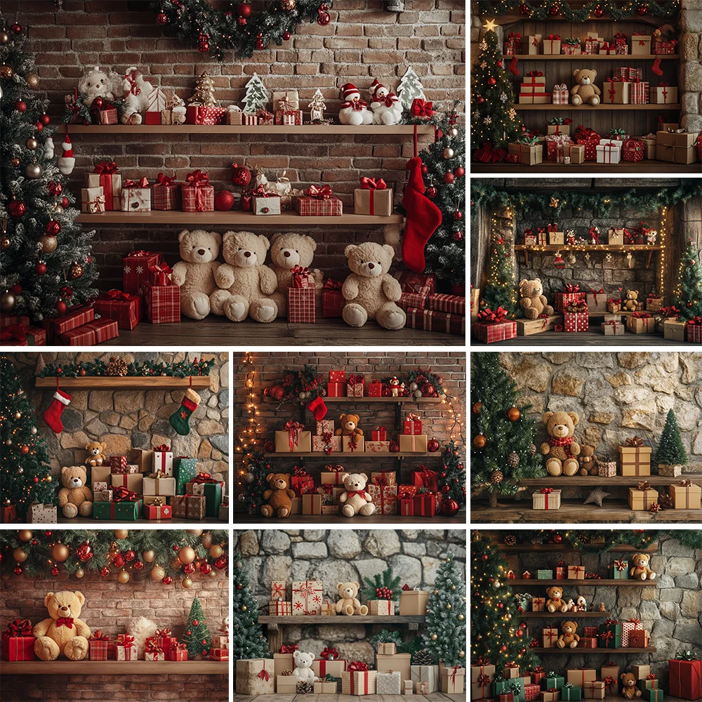 

Christmas Backdrop Xmas Tree Fireplace Toy Bear Gifts Shop Window Baby Portrait Family Party Photography Background Decor