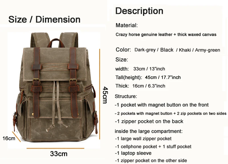 High Quality Waterproof Waxed Canvas + Genuine Leather Backpack Men Hiking Bagpack Large Canvas Travel Backpack male Daypack