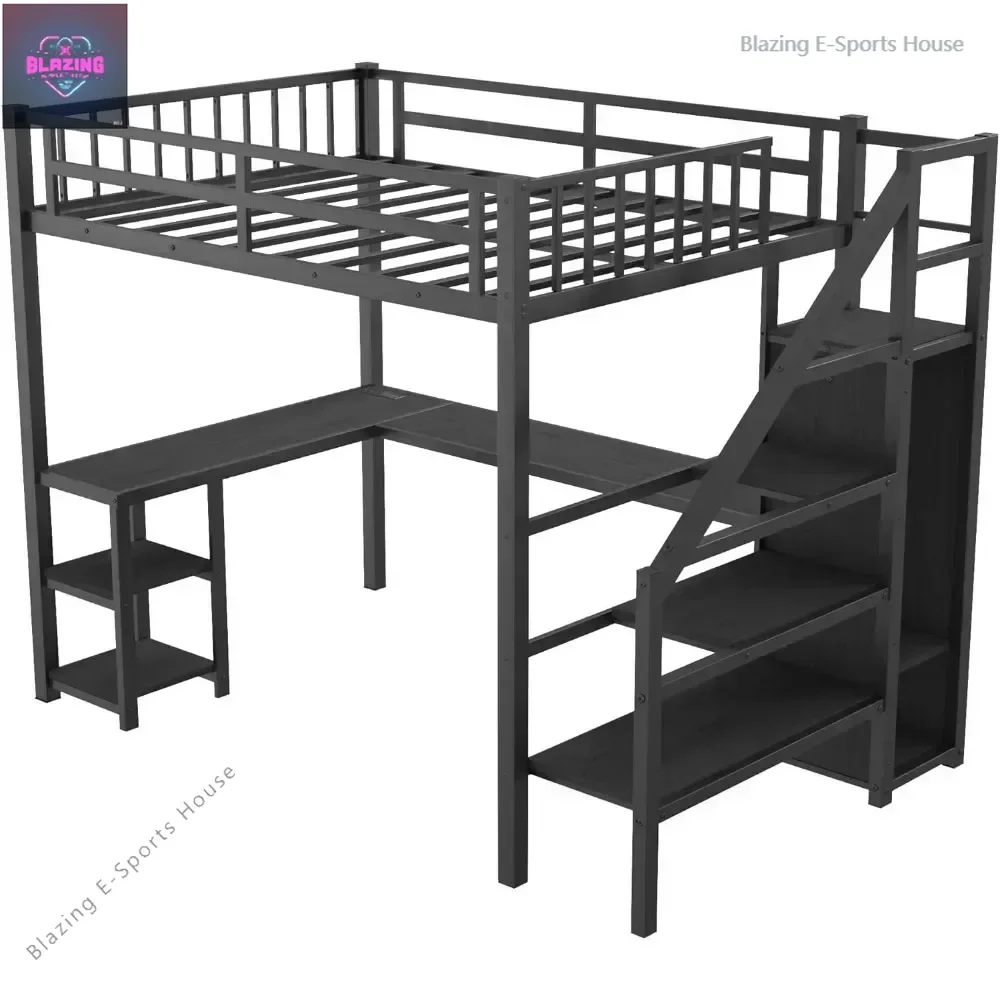 

Loft Bed with L Shaped Desk, Wardrobe, Storage Staircase, Heavy Duty Metal Loft Bed Frame W/USB Ports & LED Lights