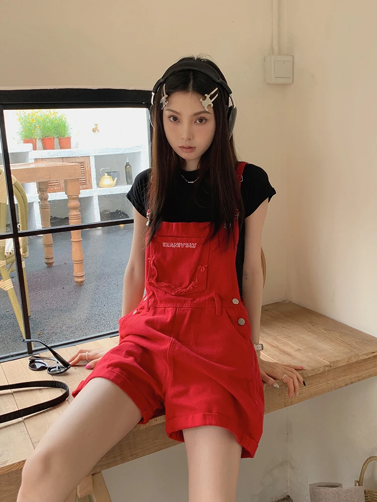 

Red Denim Overalls Women's Summer Vintage Age-Defng Small Size Loose Straight Leg Wide Leg orts Trendy High Waist Button ...