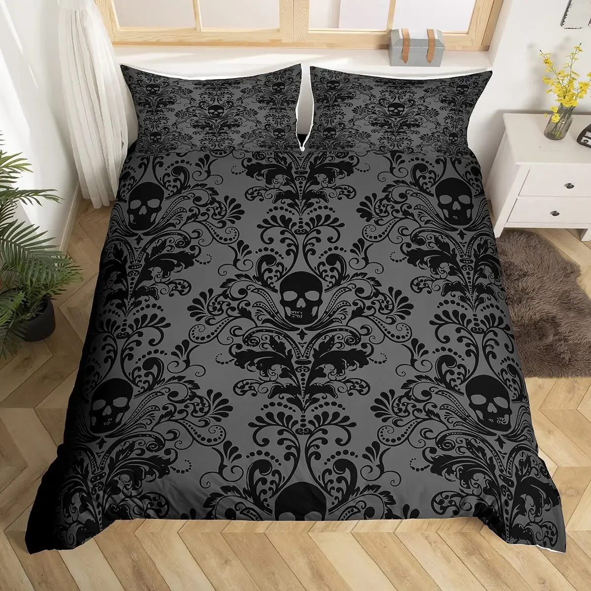 

Floral Comforter Cover No Filling Black Skeleton Bedding Set Antique Victorian Baroque Skull Duvet Cover Gothic Vintage