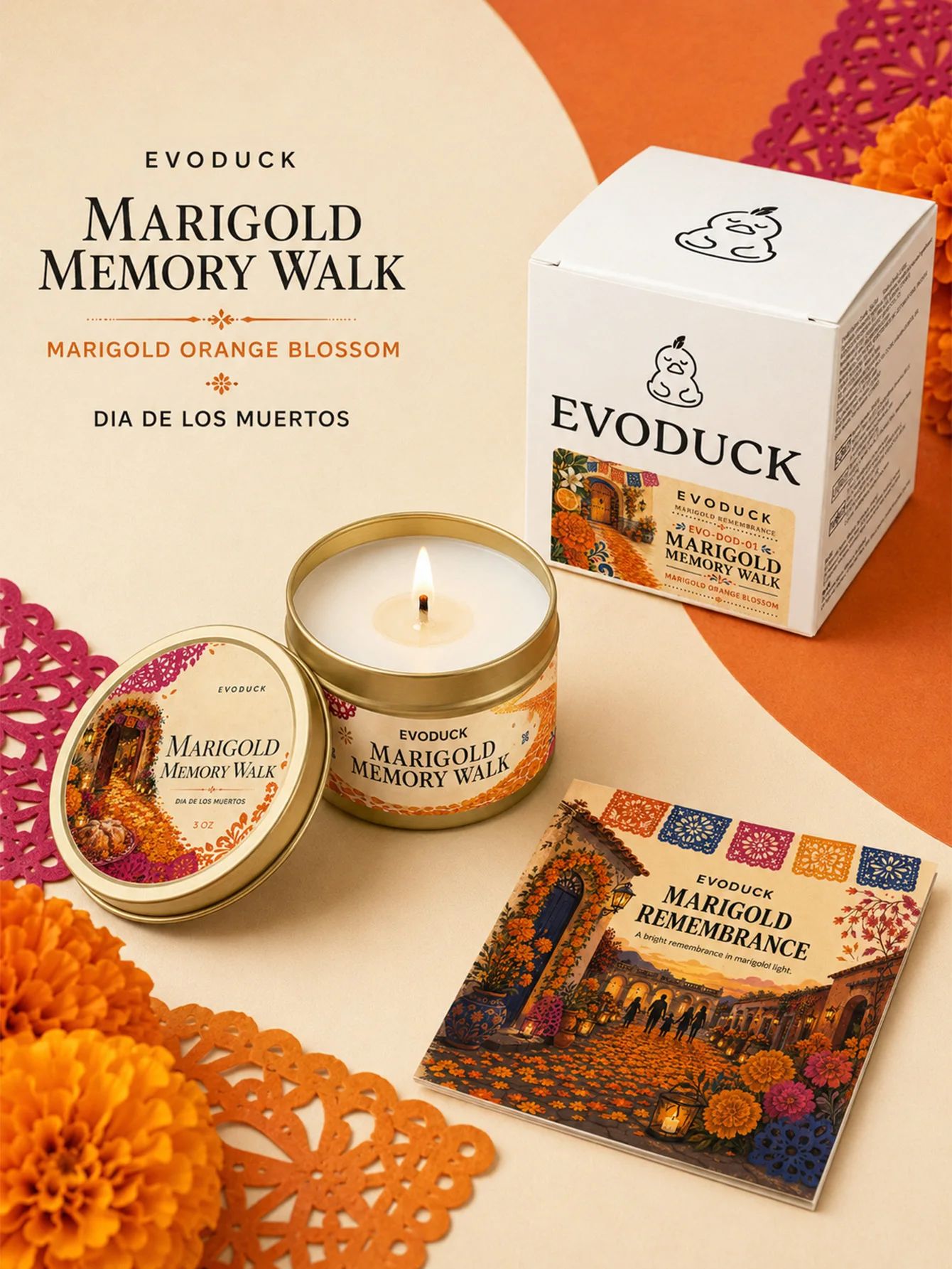 Marigold Orange Blossom Scented Candle 3oz Tin Dia De Los Muertos Day of the Dead Ofrenda Altar Memorial Candle Cempasuchil Gift
