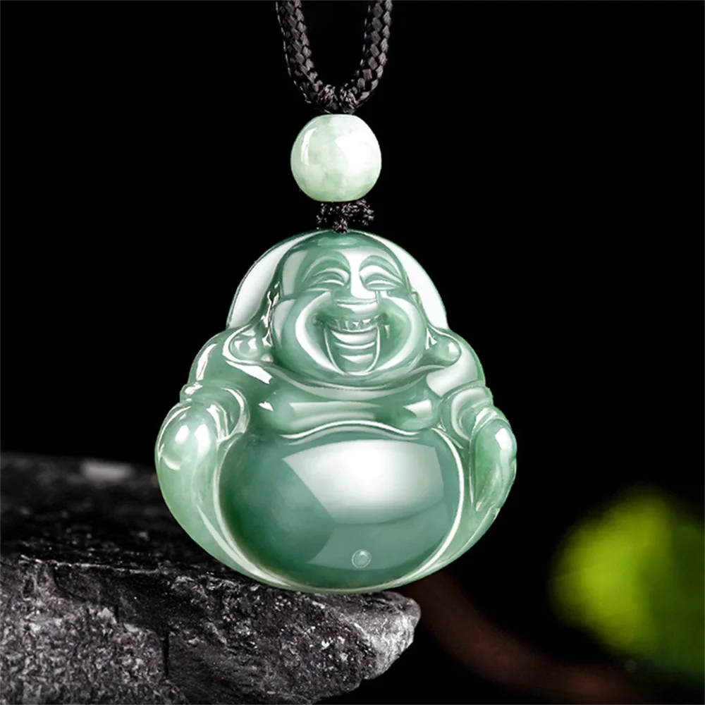 

Natural Green Jadeite Carved Laughing Buddha Lucky Pendant Amulet Necklace Certificate Luxury Jade Vintage Gift Jewelry