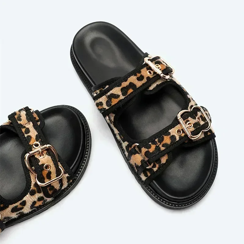 Leopard Metal Buckle Design Women Slippers Sexy Comfort Non Slip Slide Sandals Summer Size 43 High Quality Platform Flip Flops